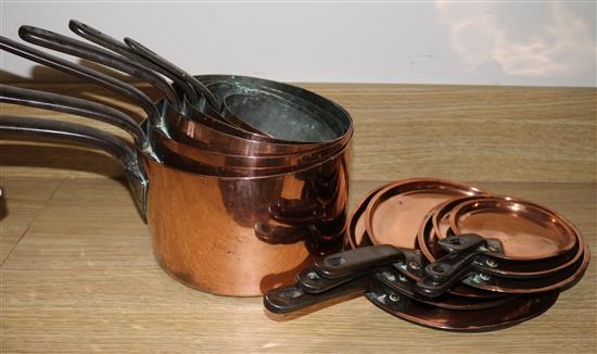 A set of graduated copper saucepans